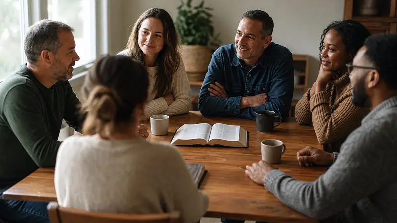 Pessoas reunidas ao redor de uma mesa com uma Bíblia aberta, representando a comunhão da família da fé.